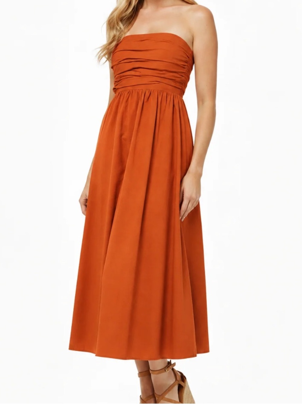 NWOT Needii Strapless Ruched Bodess Midi Dress in Burnt Orange